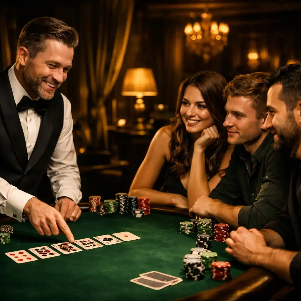 Krupier tłumaczy zasady gry w pokera grupie początkujących graczy przy stole