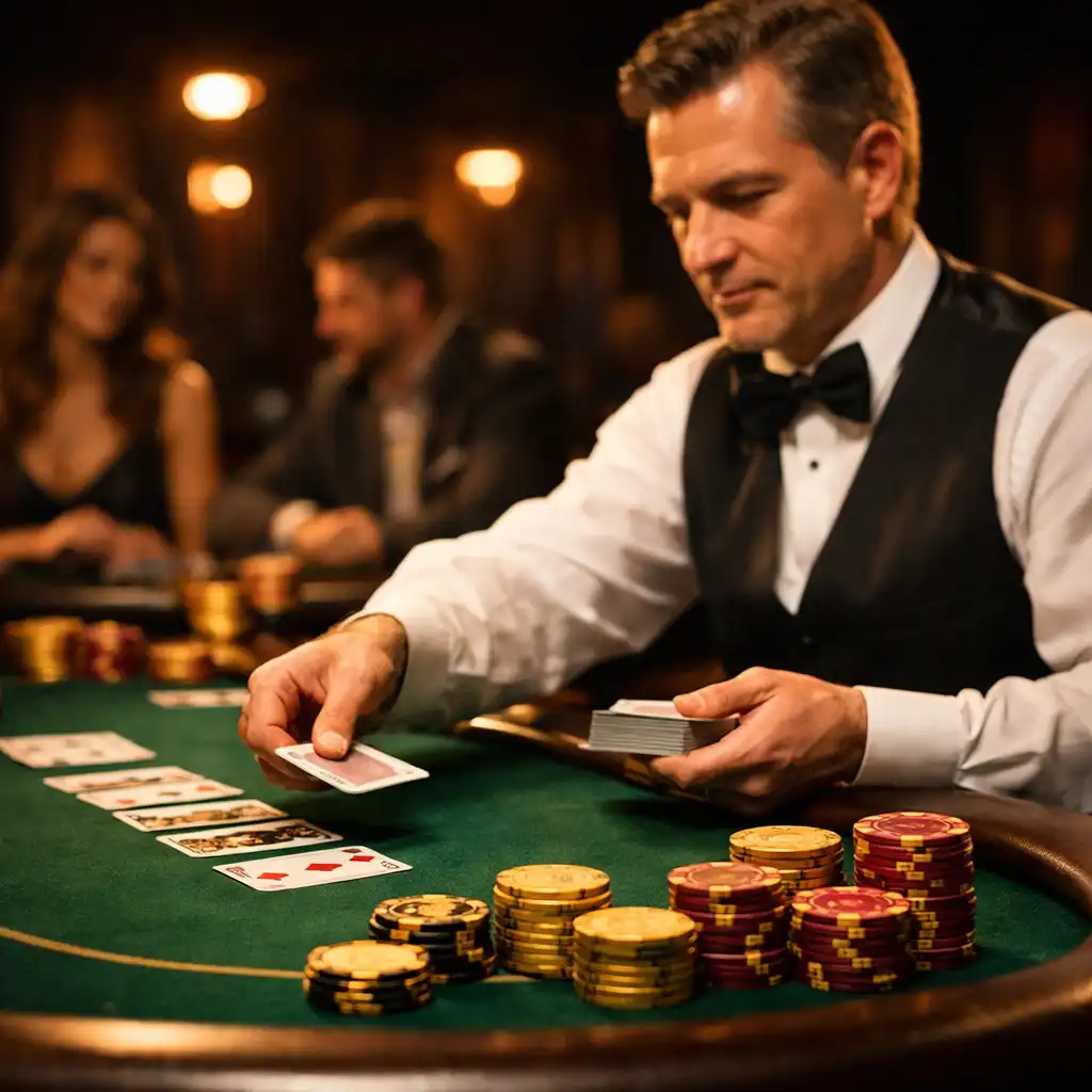Profesjonalny stół pokerowy z krupierem rozdającym karty i ceramicznymi żetonami
