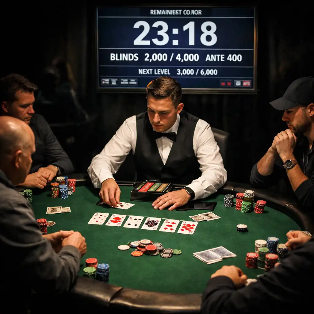 Turniej pokerowy w trakcie z graczami, krupierem i profesjonalnym zegarem turniejowym