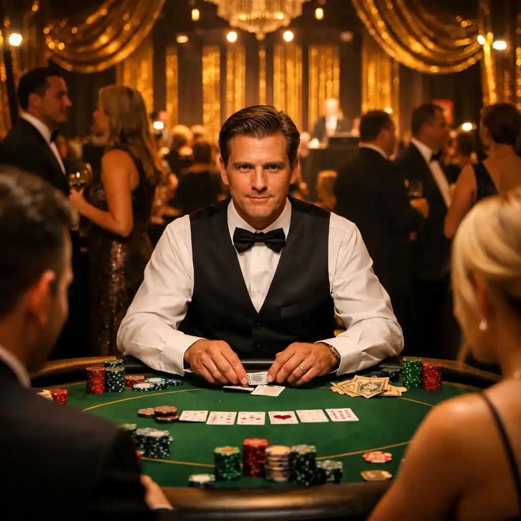 Sala bankietowa podczas eleganckiej gali korporacyjnej z gośćmi w strojach wieczorowych i stołem pokerowym