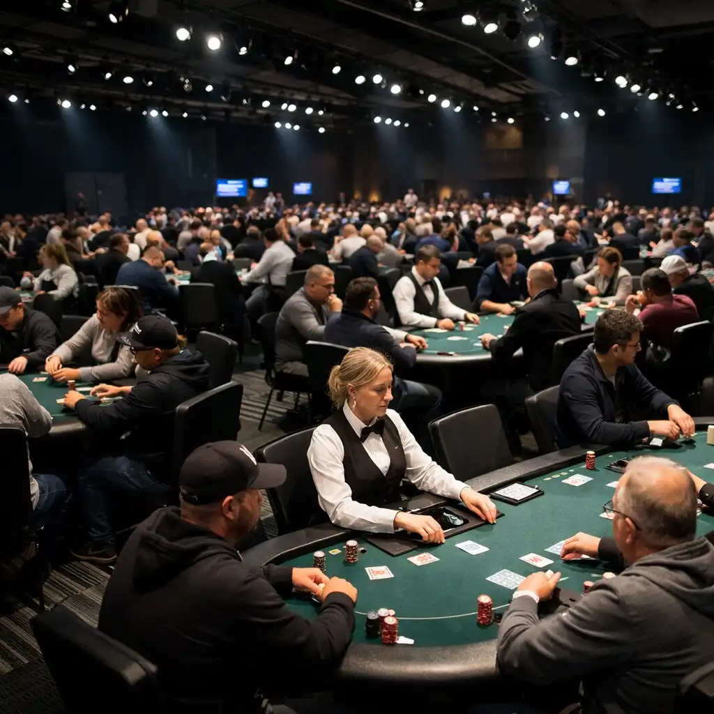Duży turniej pokerowy w nowoczesnym centrum konferencyjnym z rzędami stołów i skupionymi graczami