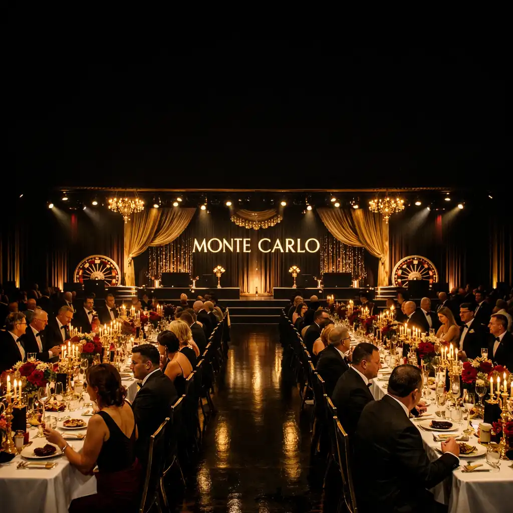 Elegancka sala bankietowa podczas gali korporacyjnej w stylu Monte Carlo z gośćmi w formalnych strojach