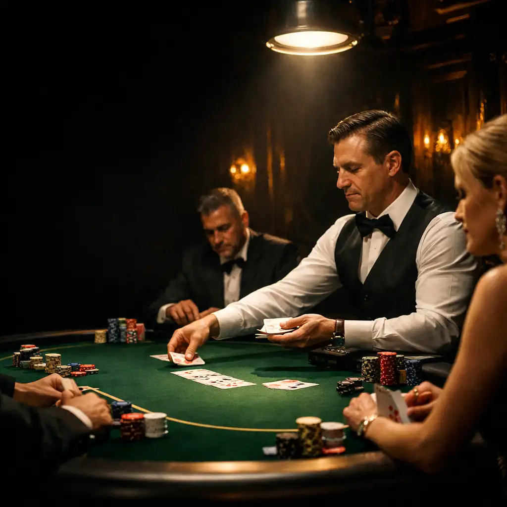 Stół do pokera turniejowego z profesjonalnym krupierem i graczami w eleganckim salonie