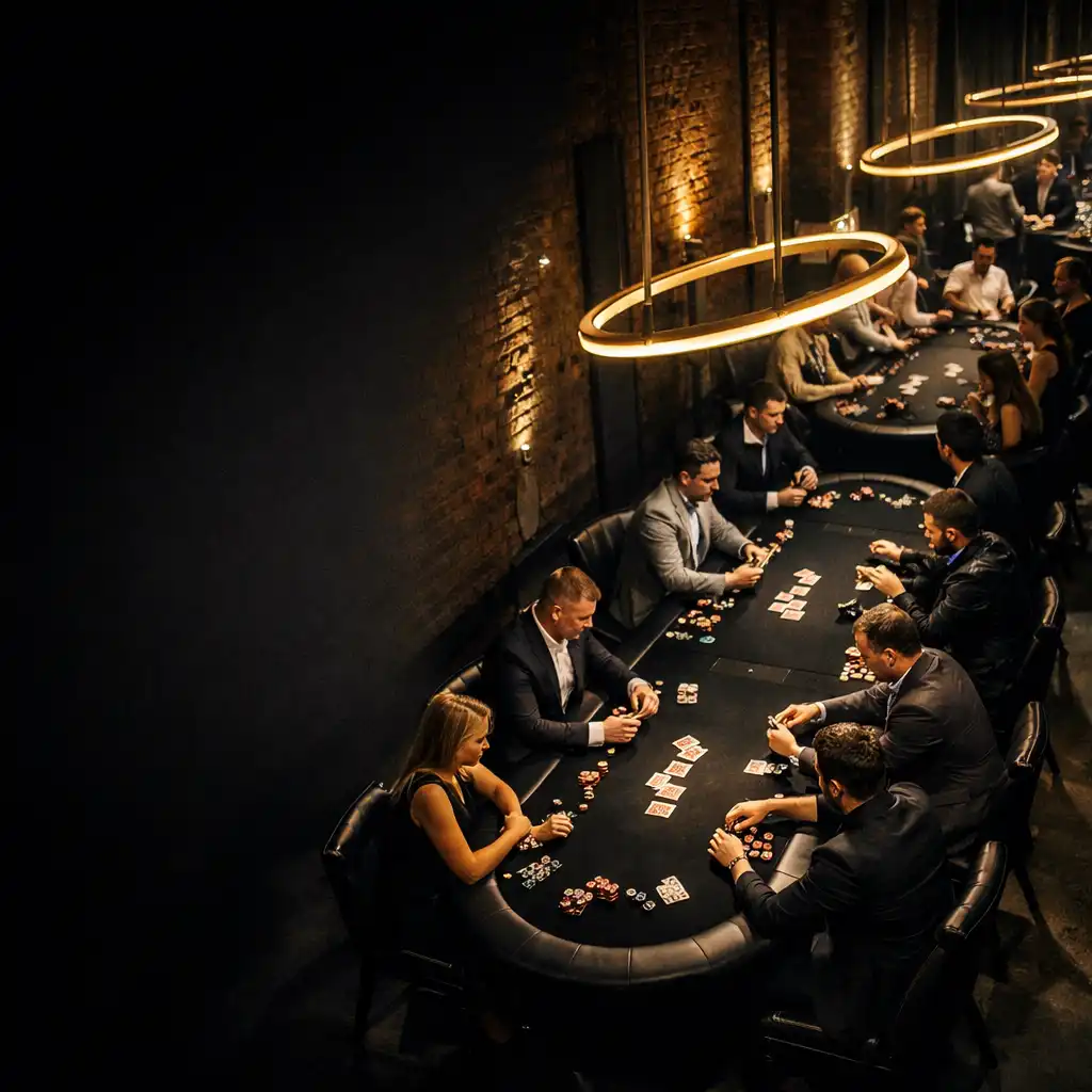 Industrialny loft z ceglanymi ścianami, nowoczesnym oświetleniem LED i stołami pokerowymi